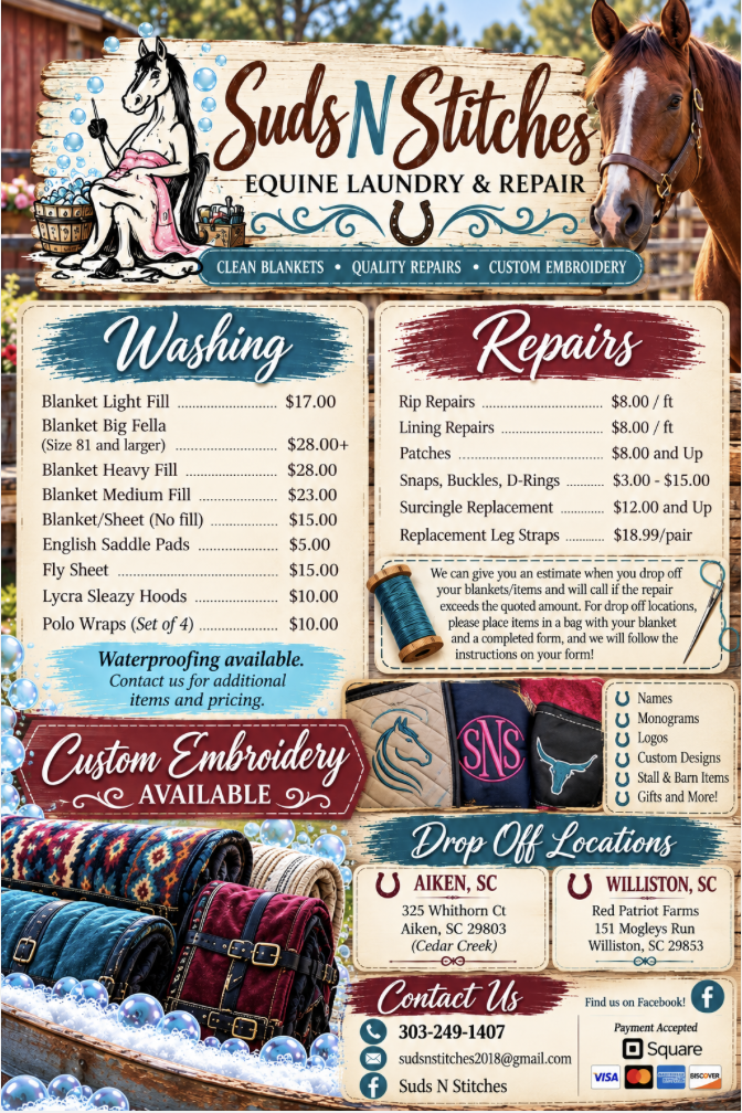 Suds N Stitches custom embroidery, horse blanket washing and repair flyer